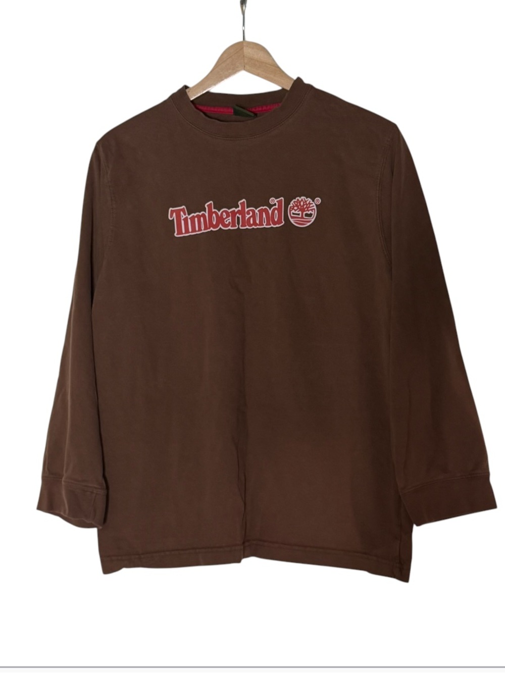 Timberland Spellout Logo Crewneck Long Sleeve Brown Tee Shirt Youth Size L